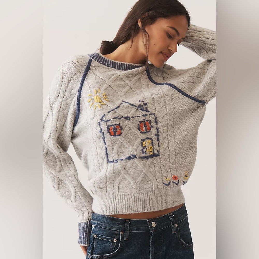 Anthropologie Pilcro Cable-Knit Embroidered Cozy Home Sweater (Size S) - NWT